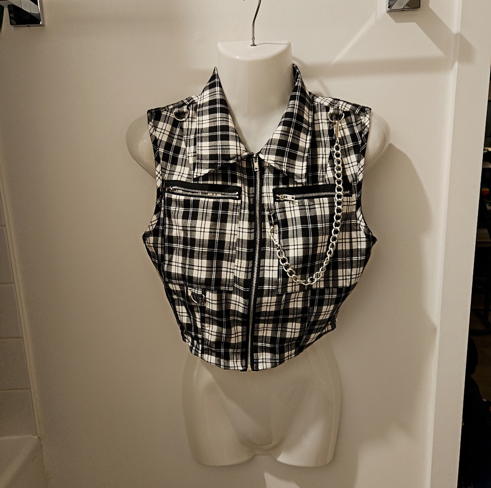 Checkered Plaid Punk Zippered Vest w/ Chain